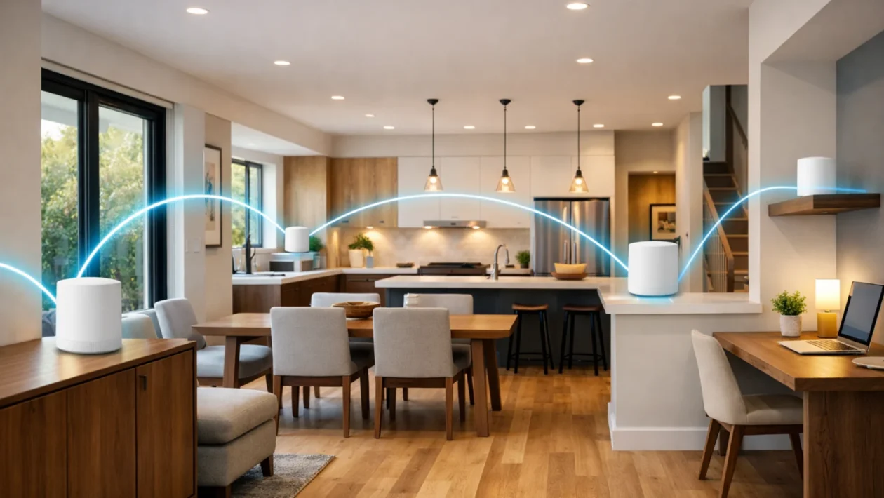 Mesh WiFi sustav u modernom domu s više čvorova koji osiguravaju stabilan signal u svim prostorijama