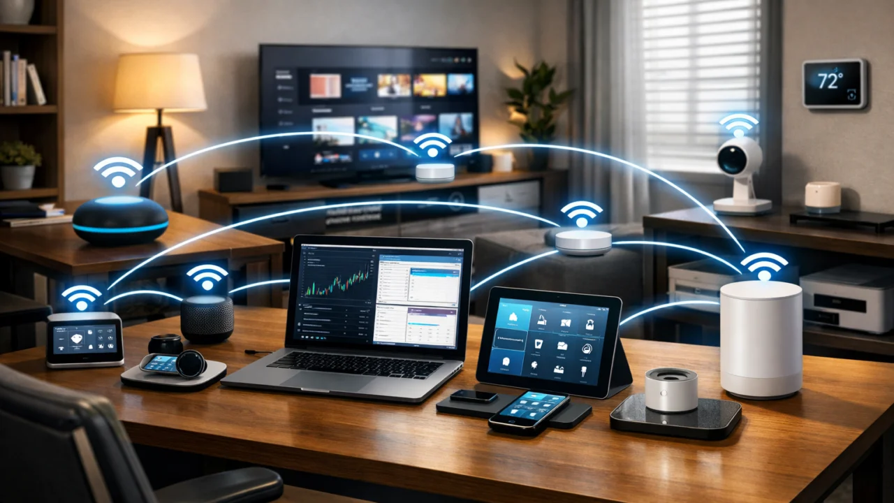 Kućni ured s brojnim povezanim uređajima koji koristi mesh WiFi za stabilnu i brzu mrežu