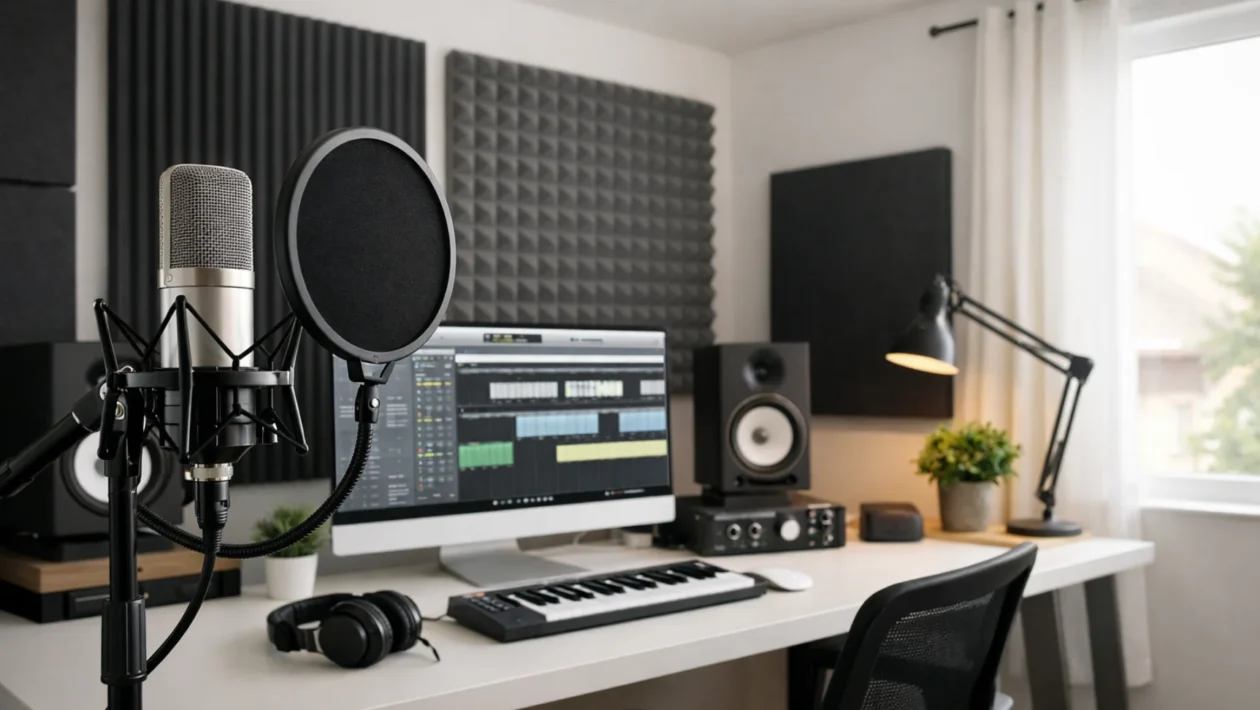 Kućni studio za snimanje glasa s profesionalnim mikrofonom i akustičnim panelima za čist zvuk