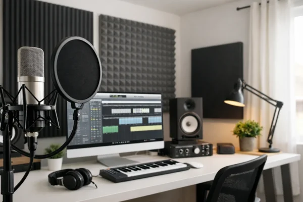Kućni studio za snimanje glasa s profesionalnim mikrofonom i akustičnim panelima za čist zvuk