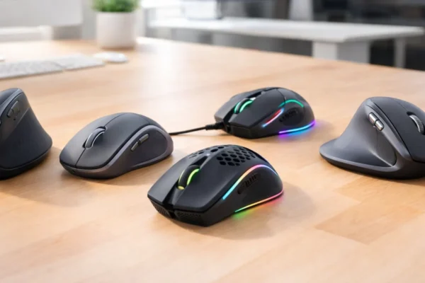 Različiti računalni miševi na radnom stolu, usporedba ergonomije i senzora za odabir idealnog miša