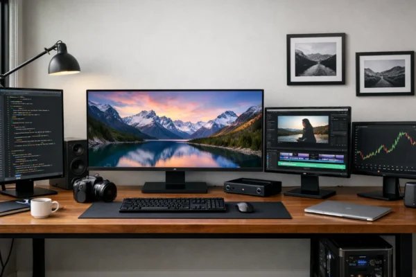 Moderni radni prostor s različitim monitorima koji prikazuju veličinu, rezoluciju i osvježenje zaslona