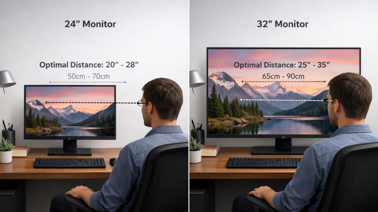 Usporedba 24 i 32 inča monitora na radnom stolu s naglaskom na udaljenost i ergonomiju