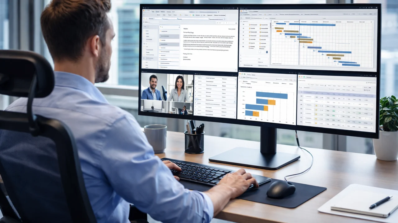 Produktivan rad na velikom monitoru s više otvorenih prozora i ergonomskim postavkama