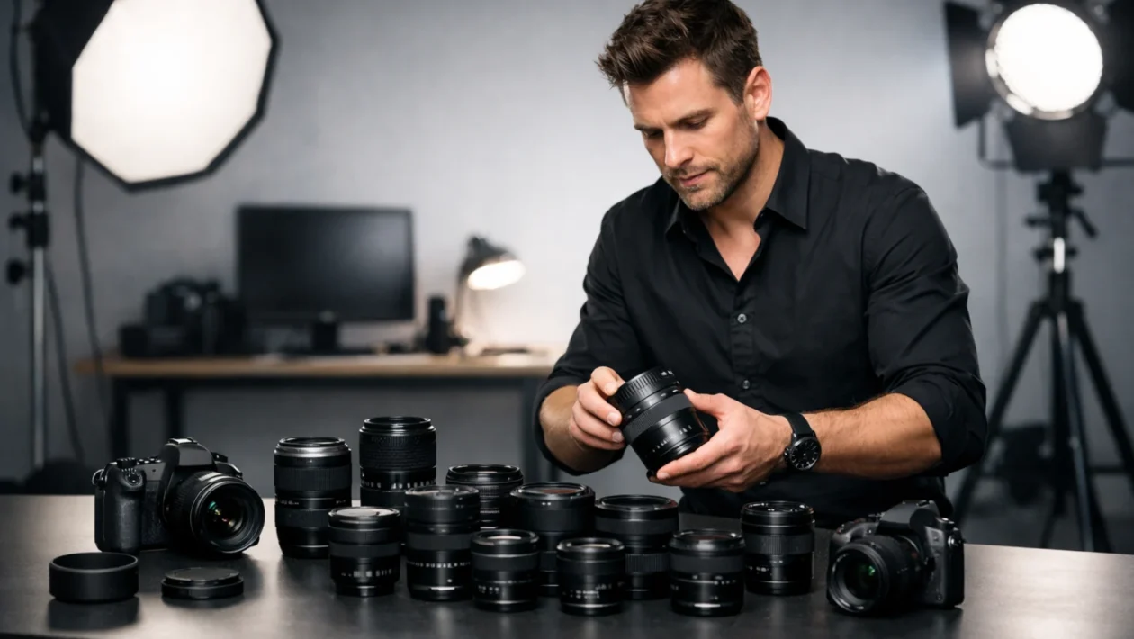 Fotograf bira objektiv za DSLR fotoaparat, prikaz žarišne duljine i blende u modernom studiju