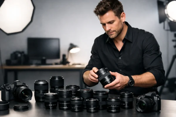 Fotograf bira objektiv za DSLR fotoaparat, prikaz žarišne duljine i blende u modernom studiju