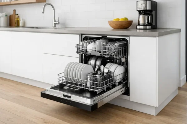 Moderna perilica posuđa u kuhinji, prikaz dimenzija, energetske učinkovitosti i sušenja kao ključnih faktora pri odabiru