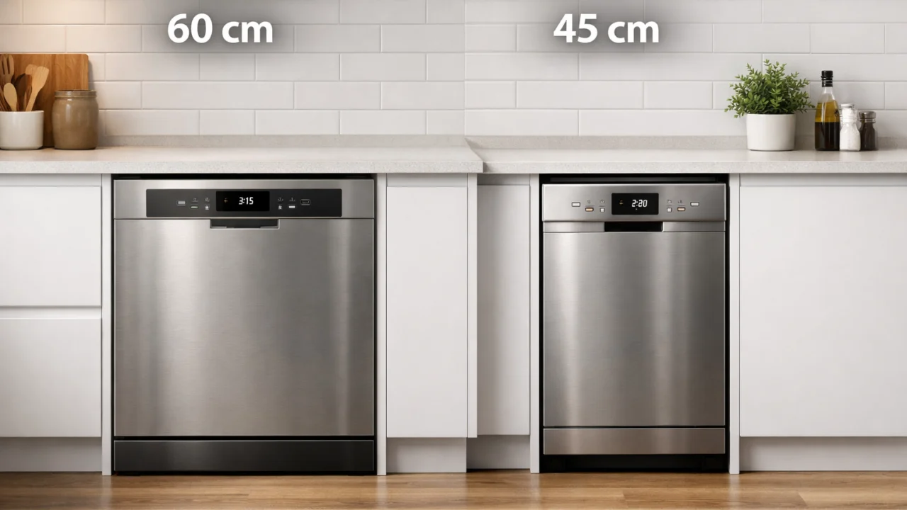 Usporedba standardne i uske perilice posuđa pokazuje razliku u dimenzijama i kapacitetu za različita kućanstva