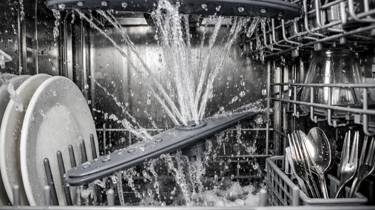 Unutrašnjost perilice posuđa tijekom pranja prikazuje potrošnju vode i učinkovitost čišćenja posuđa