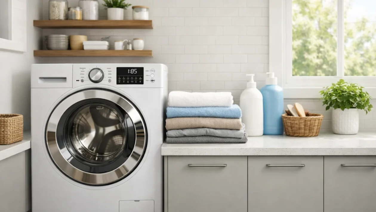 Moderna perilica rublja u kućnoj praonici, prikaz ukupne teme odabira perilice rublja za kućanstvo