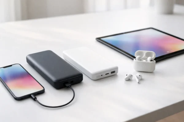 Različiti power bankovi i mobilni uređaji prikazani zajedno kao simbol odabira pravog prijenosnog punjača