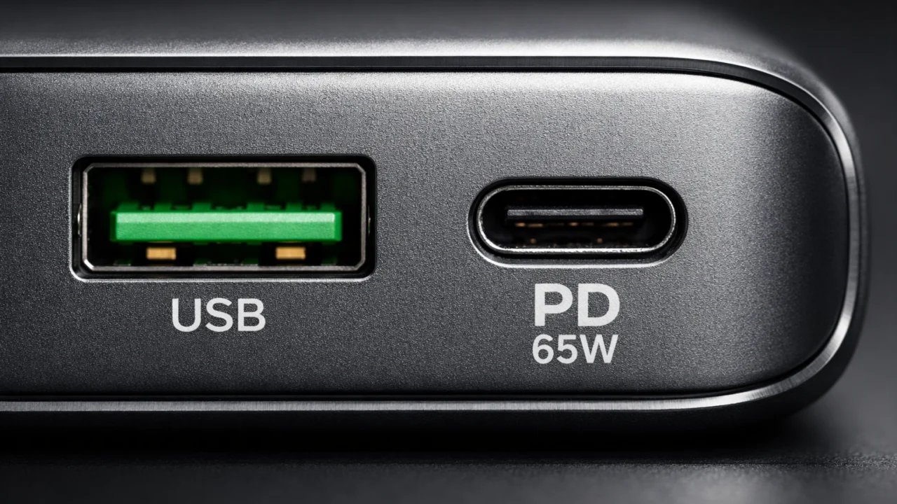 Detalj priključaka USB-A i USB-C na power banku s podrškom za Power Delivery