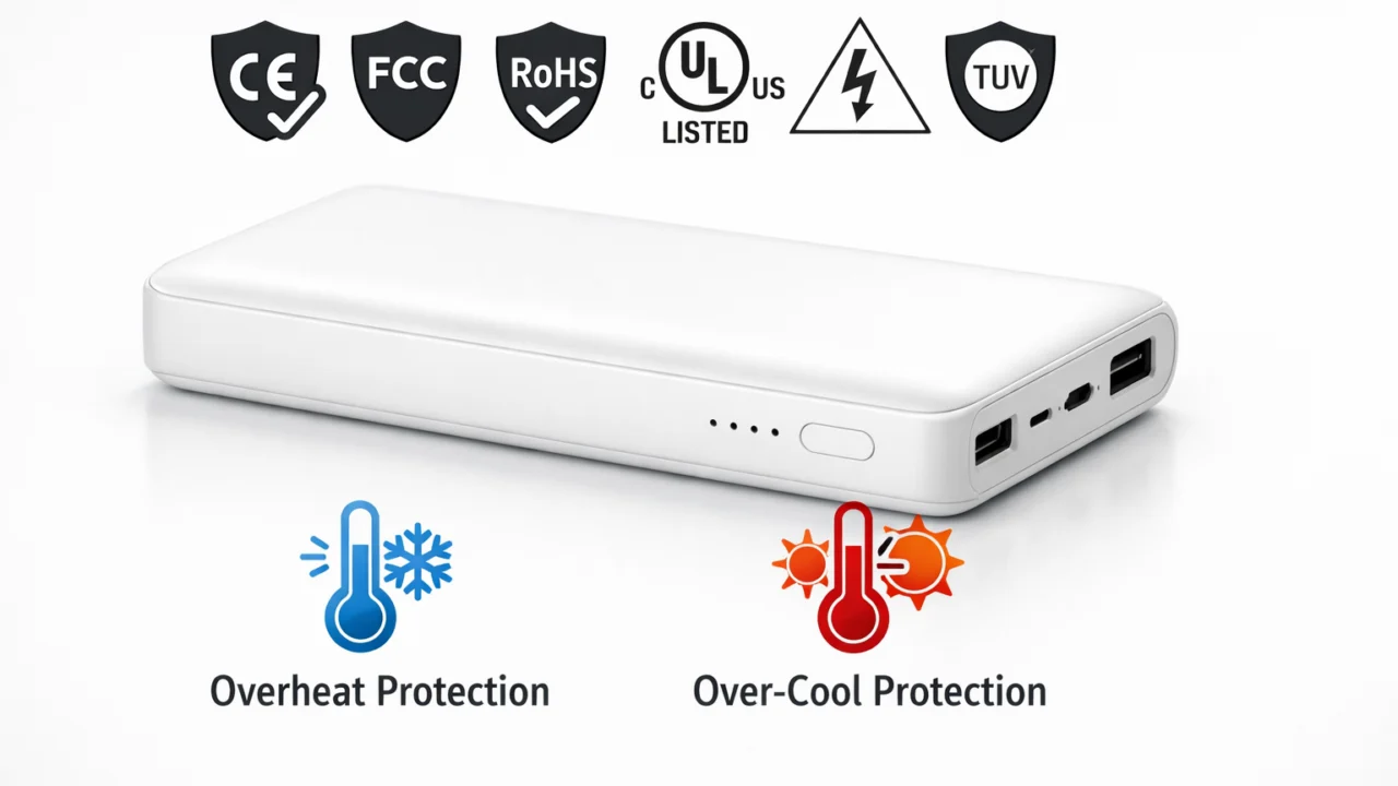 Sigurnosne oznake na power banku koje ukazuju na zaštitu i pouzdano punjenje uređaja