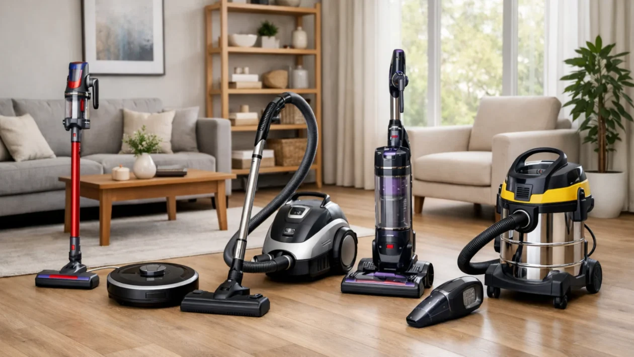 Prikaz različitih vrsta usisavača u modernom dnevnom boravku, pomoć pri odabiru pravog usisavača za dom