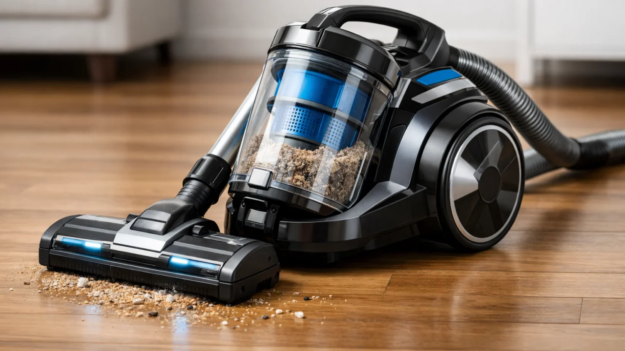 Bezvrećni usisavač s prozirnom posudom tijekom čišćenja tvrdih podova u modernom domu