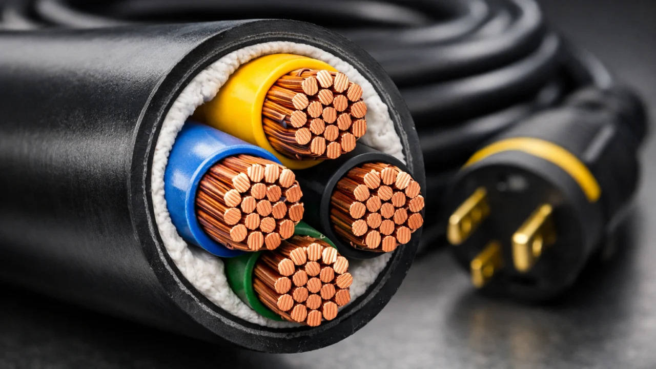 Detalj kvalitetnog produžnog kabela s naglašenim presjekom vodiča i izolacijom za sigurno električno opterećenje