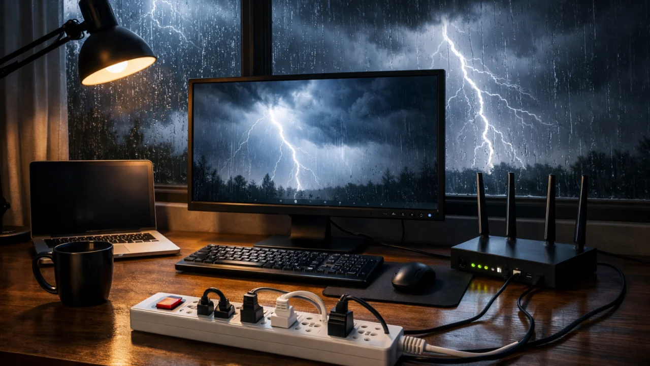 Kućni ured s računalom i mrežnom opremom spojenom na zaštitu od prenapona tijekom grmljavine