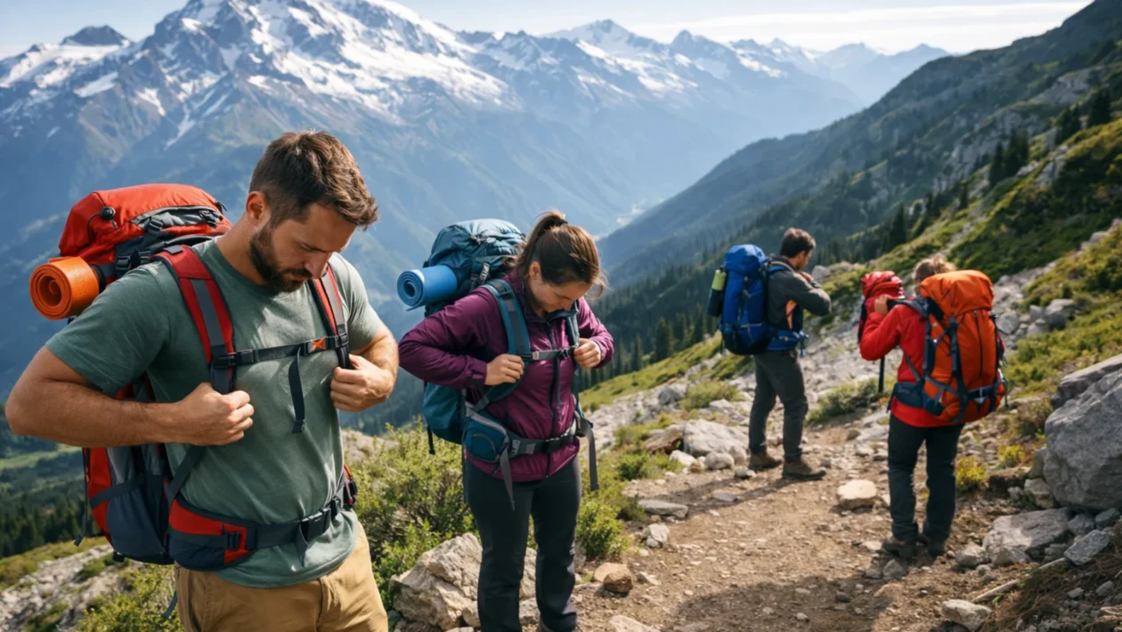 Planinari s različitim ruksacima na stazi, prikaz pravilnog odabira volumena, nosivog sustava i namjene ruksaka