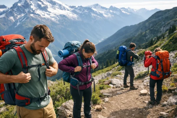 Planinari s različitim ruksacima na stazi, prikaz pravilnog odabira volumena, nosivog sustava i namjene ruksaka