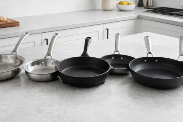 Različite tave od nehrđajućeg čelika, lijevanog željeza i s neprianjajućim premazom na modernom kuhinjskom pultu