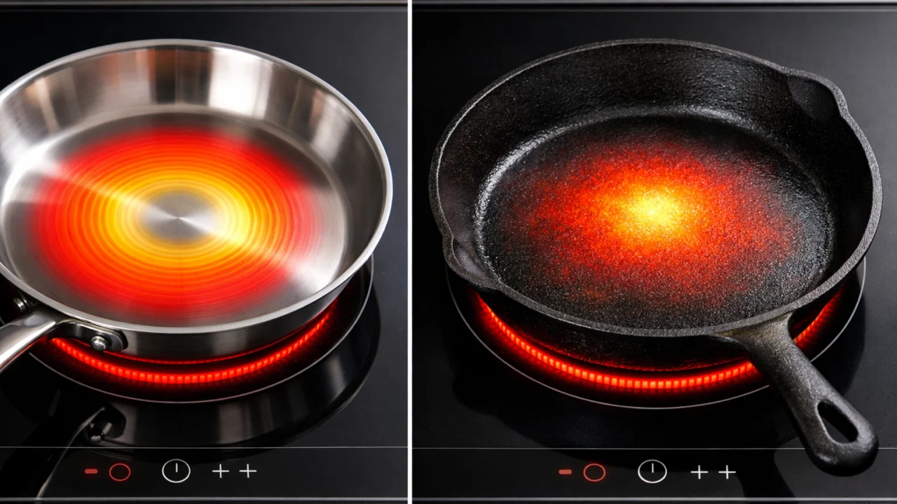 Usporedba tave od nehrđajućeg čelika i lijevanog željeza na indukcijskoj ploči tijekom zagrijavanja