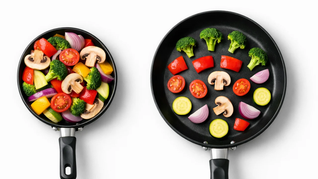 Usporedba premale i pravilno odabrane veličine tave pri pripremi povrća bez pretrpavanja