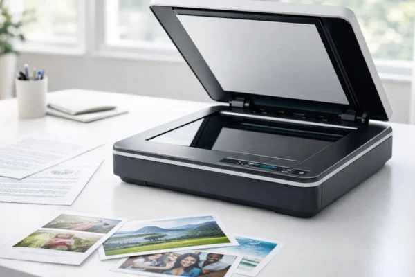 Moderni skener na uredskom stolu s dokumentima i fotografijama, ilustracija odabira skenera i razumijevanja rezolucije