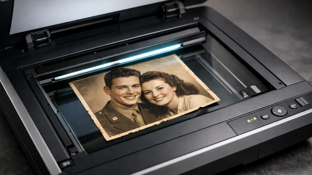 Skeniranje stare fotografije uz visoku optičku rezoluciju radi očuvanja sitnih detalja i kvalitete slike