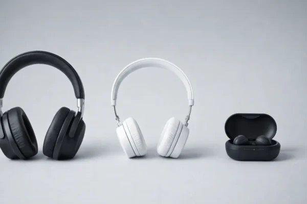 Usporedba over-ear, on-ear i in-ear slušalica na radnom stolu, prikaz različitih vrsta slušalica za lakši odabir