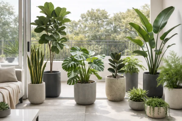 Različite tegle i posude za biljke u modernom interijeru i na balkonu, prikaz pravilnog odabira veličine i materijala