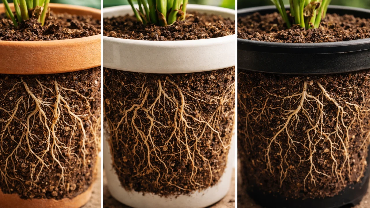 Usporedba veličine tegle i materijala uz korijen biljke, glina, plastika i keramika za zdravi rast