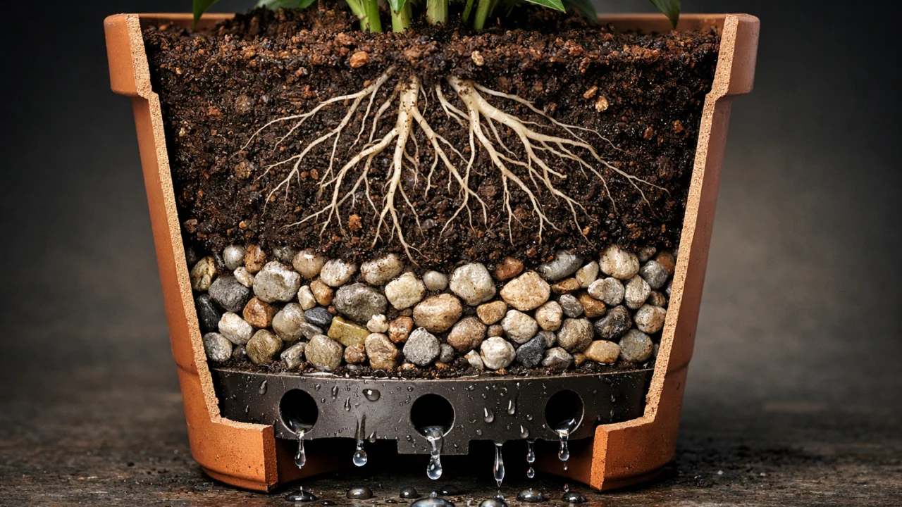 Pravilna drenaža u tegli s rupama, šljunkom i supstratom za sprječavanje truljenja korijena biljaka