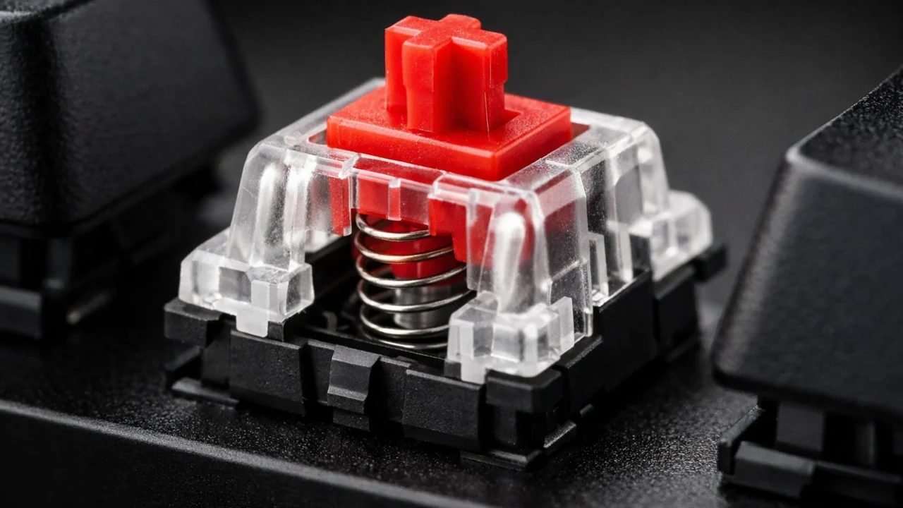 Makro fotografija mehaničkog prekidača tipkovnice s oprugom i uklonjenom tipkom