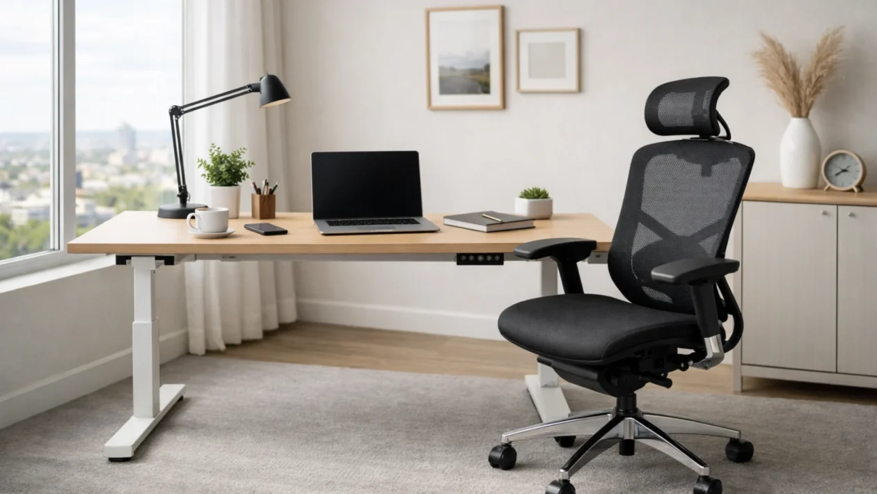 Moderna uredska stolica u ergonomskom radnom prostoru koja simbolizira zdravu i produktivnu uredsku svakodnevicu