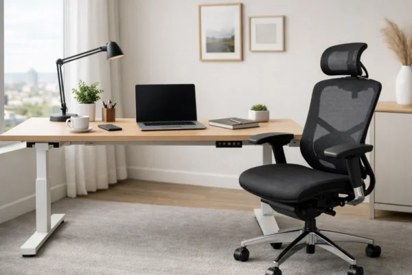 Moderna uredska stolica u ergonomskom radnom prostoru koja simbolizira zdravu i produktivnu uredsku svakodnevicu