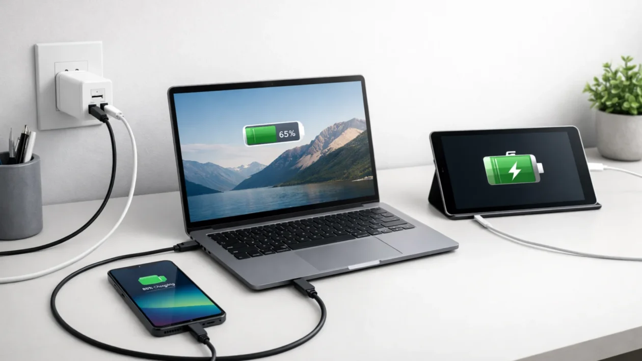 Različiti USB-C PD punjači koji pune laptop, pametni telefon i tablet, prikaz univerzalne kompatibilnosti USB-C standarda