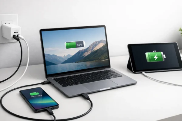 Različiti USB-C PD punjači koji pune laptop, pametni telefon i tablet, prikaz univerzalne kompatibilnosti USB-C standarda