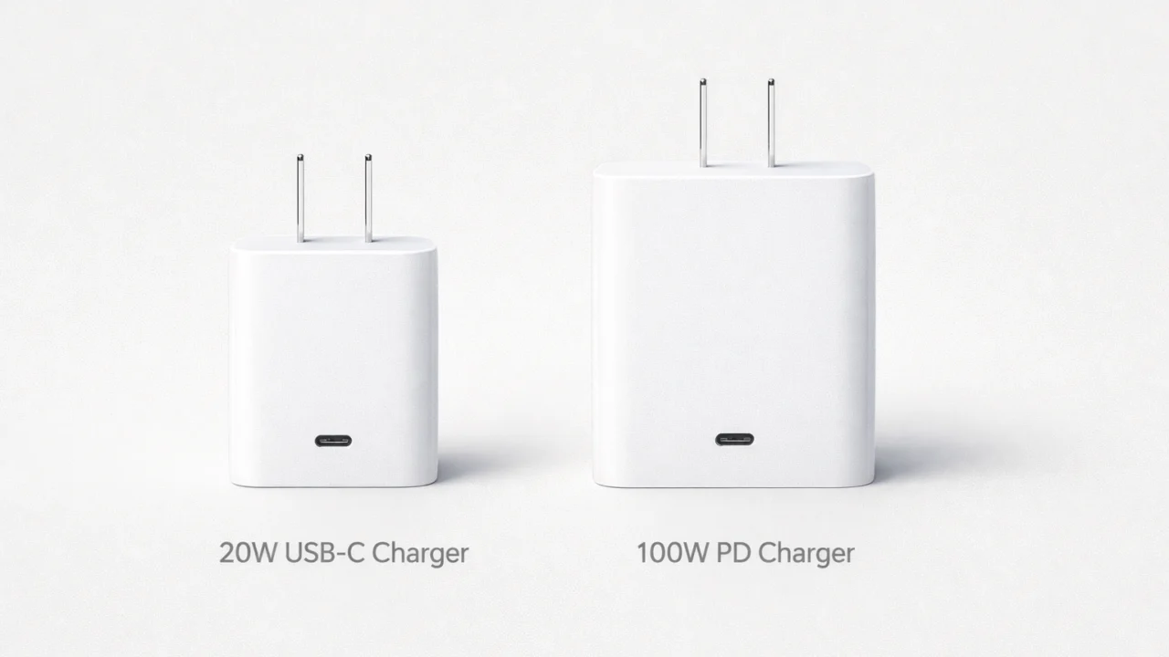 Usporedba slabog USB-C punjača i snažnog USB-C PD punjača različitih izlaznih snaga