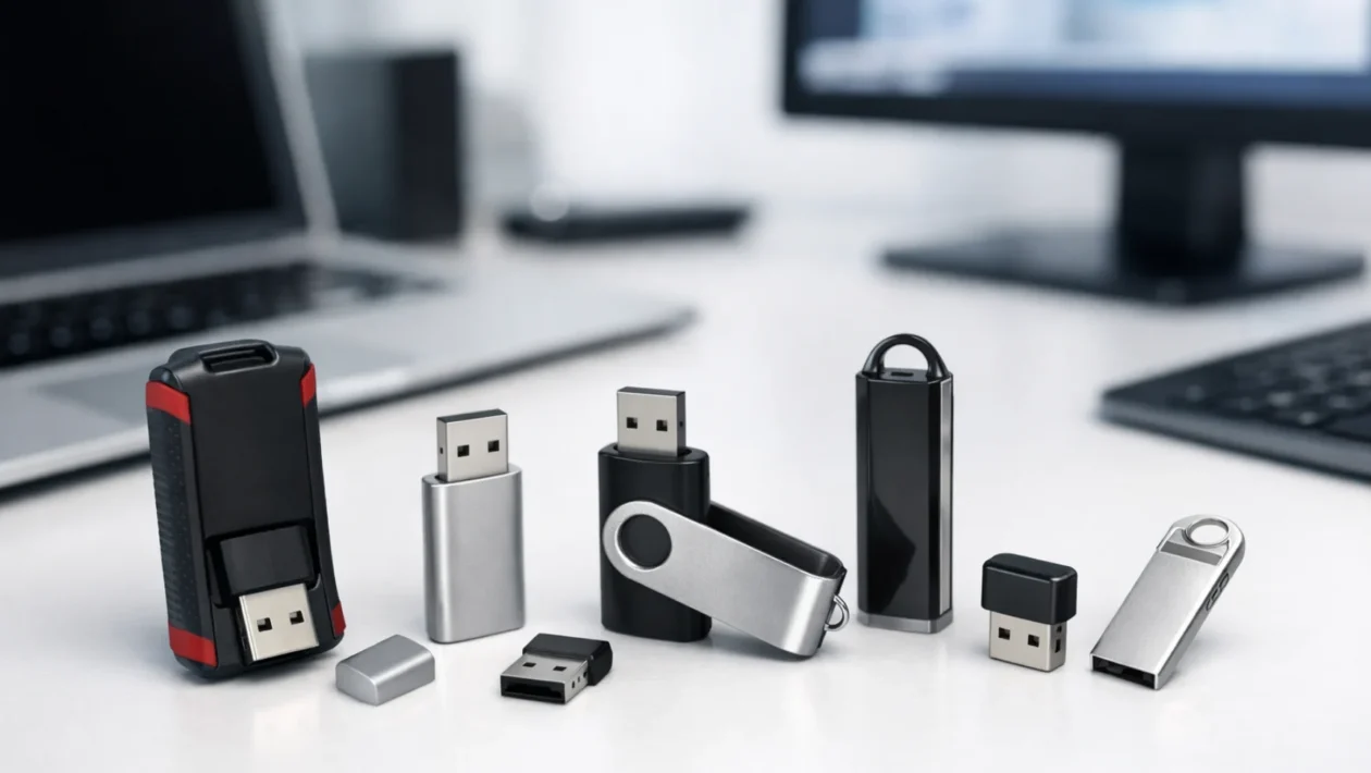 Različite moderne USB memorije usporedno prikazane na radnom stolu, simbol odabira brzine i pouzdanosti
