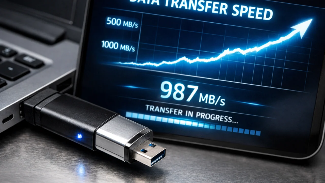 USB memorija spojena na laptop s prikazom brzine prijenosa podataka tijekom čitanja i pisanja