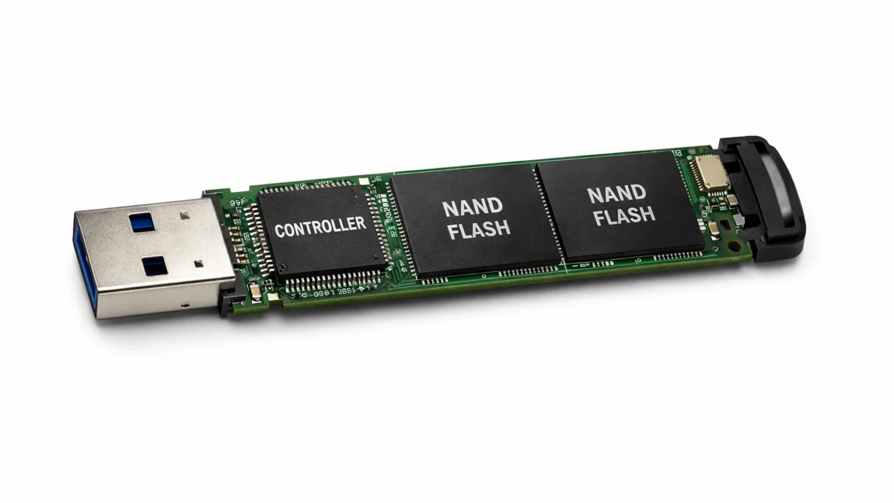 Unutrašnjost kvalitetne USB memorije s NAND čipovima i kontrolerom za dugoročnu pouzdanost