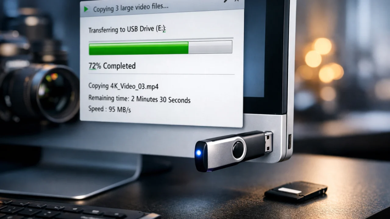 Prijenos velikih video datoteka na USB memoriju koji naglašava važnost velike brzine