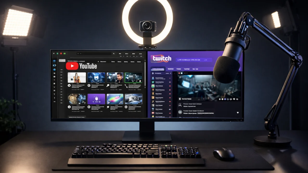 Streaming setup s web kamerom, rasvjetom i mikrofonom za YouTube i Twitch prijenose