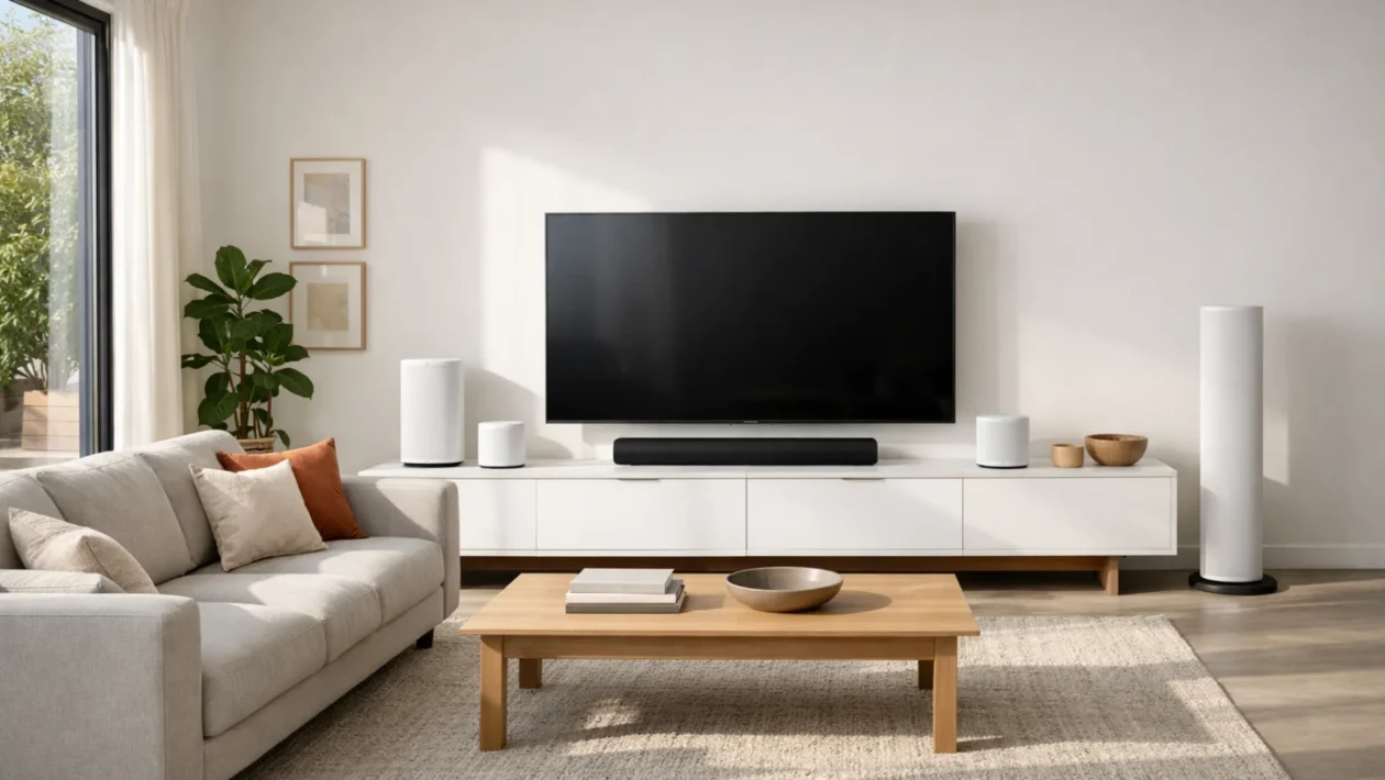 Moderni kućni zvučnik u dnevnom boravku s televizorom i sofom, prikaz idealnog audio sustava za dom
