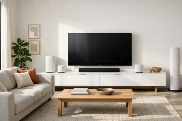 Moderni kućni zvučnik u dnevnom boravku s televizorom i sofom, prikaz idealnog audio sustava za dom