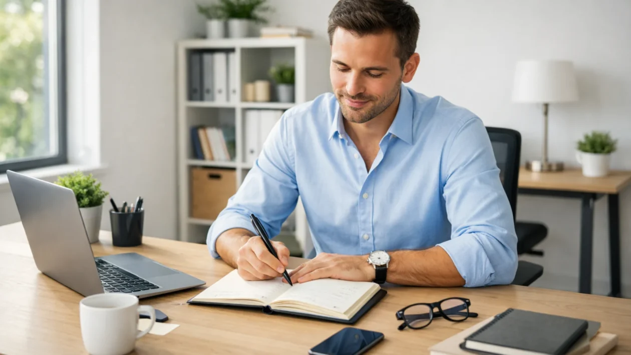 Mirno planiranje radnih zadataka u modernom uredu koje simbolizira određivanje prioriteta bez stresa