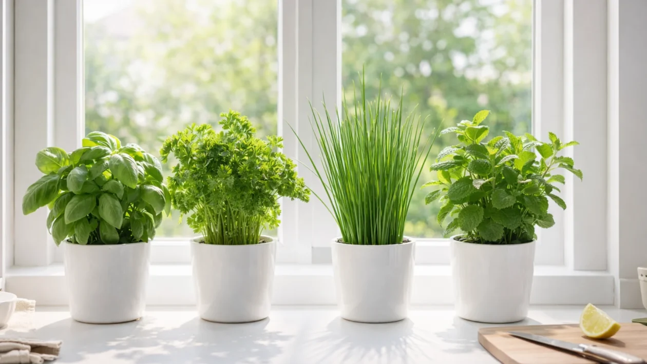 Bosiljak, peršin, vlasac i menta u loncima na kuhinjskom prozoru s prirodnim svjetlom, kućni uzgoj začinskog bilja