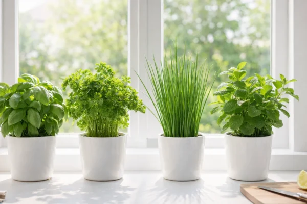 Bosiljak, peršin, vlasac i menta u loncima na kuhinjskom prozoru s prirodnim svjetlom, kućni uzgoj začinskog bilja