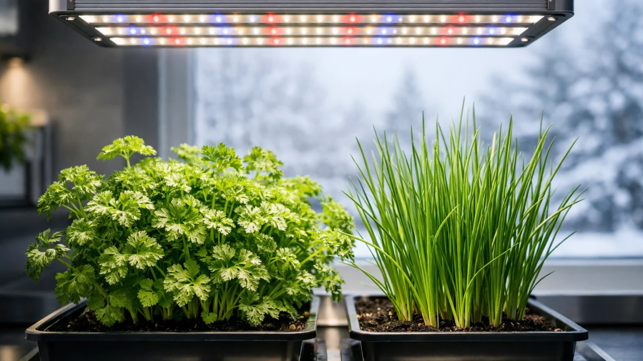 Uzgoj peršina i vlasca uz LED rasvjetu zimi za zdrav rast i odsustvo sezonskog propadanja