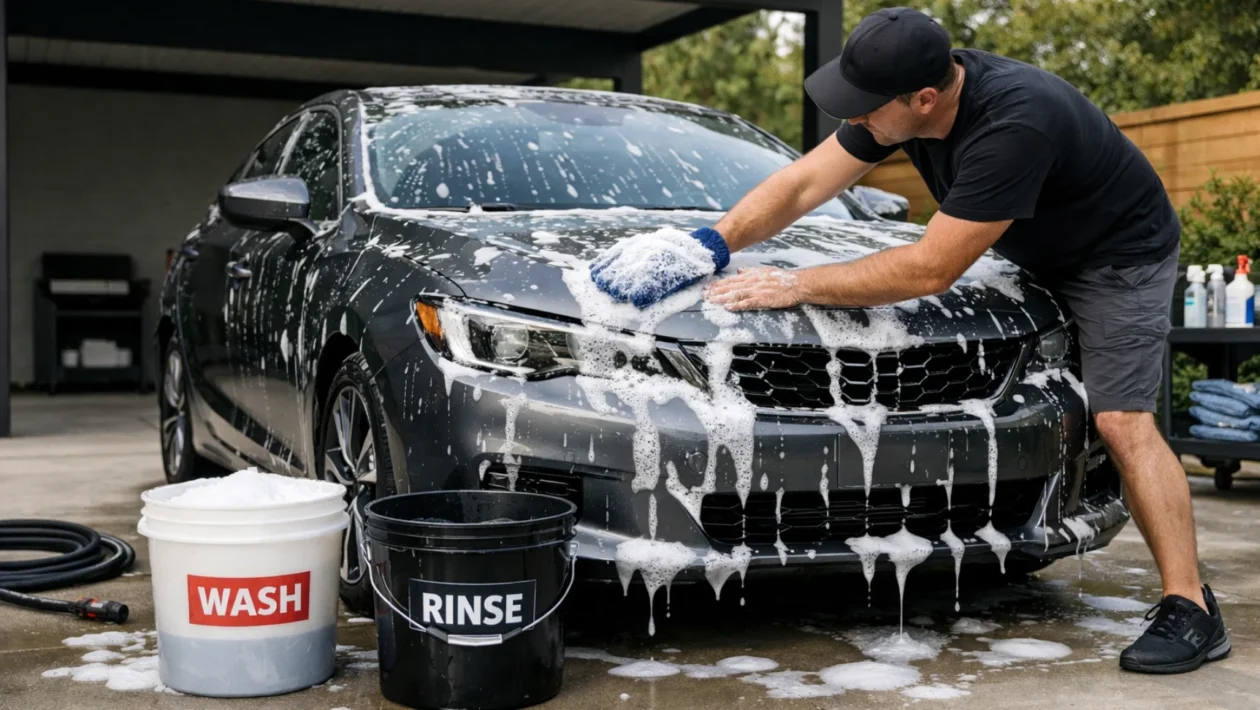 Pravilno ručno pranje automobila u hladu s mikrofiber rukavicom i pjenom za očuvanje laka bez mikro ogrebotina